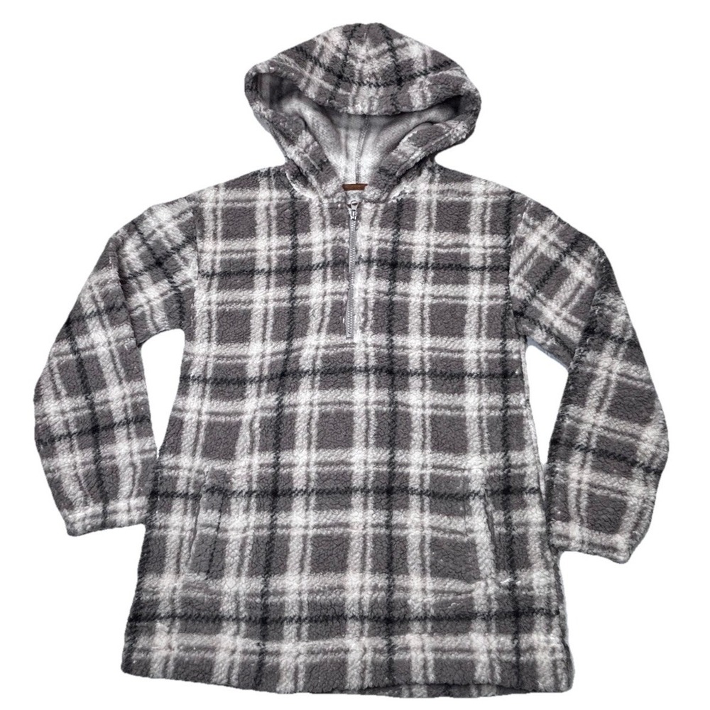 Koolaburraâ by UGG Sherpa Fleece Hoodie Pullover Plaid XS Cozy Soft Gray